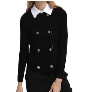 LAUREN‎ Ralph Lauren VTGE Black Double Breasted Knit Collar Cardigan Sweater LGE